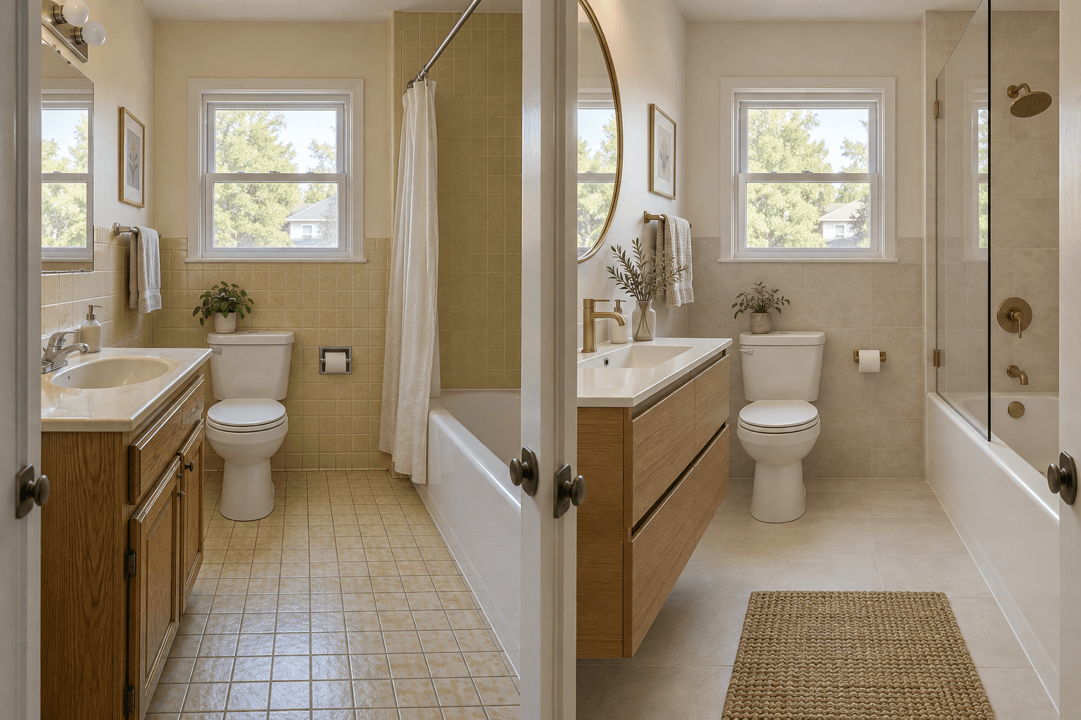 Bathroom before renovation with dated tile and vanity